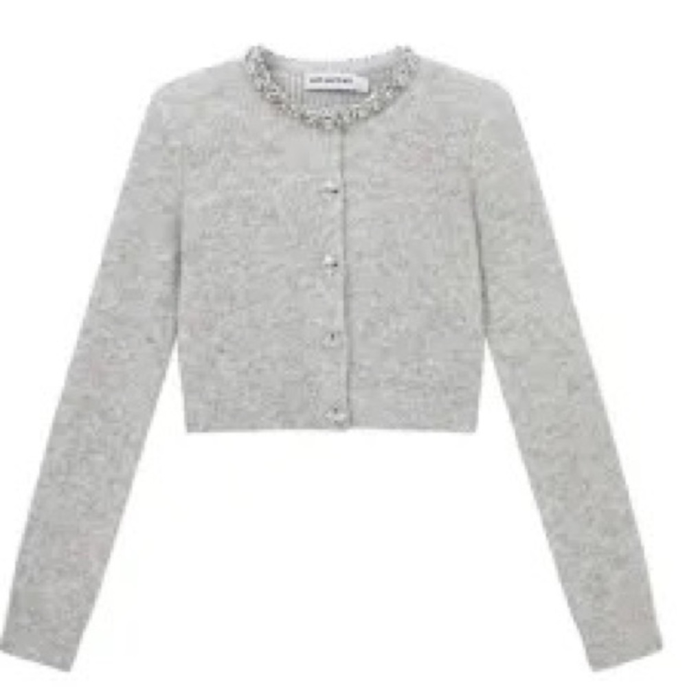 Self Portrait Embellished Soft Knit Cardigan in Gray